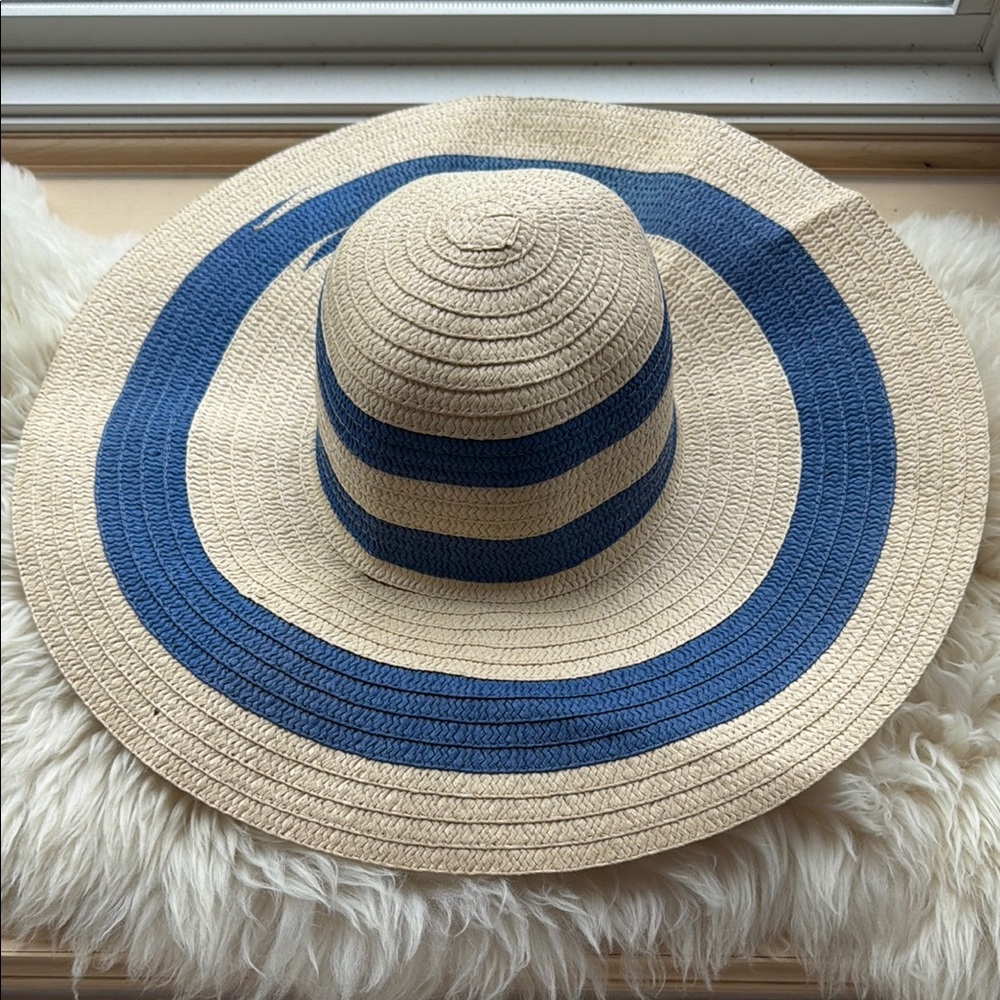 Wide Brim Straw Sun Hat Natural with Bright Blue Stripe